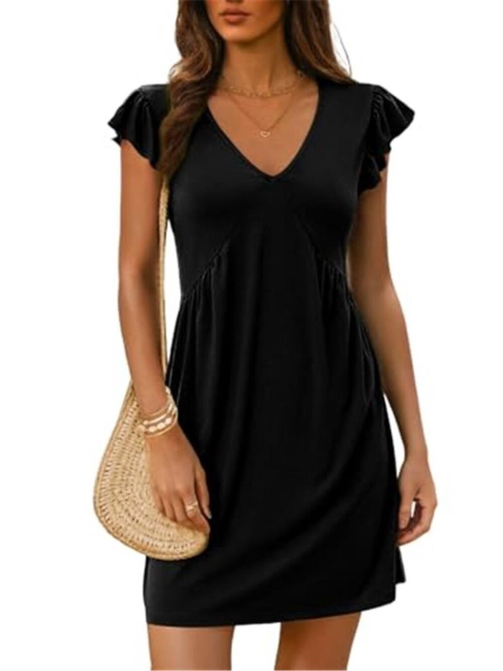 Black Mini Sundress Deep V Neck Ruffle Sleeve Loose Summer Beach Casual Dress